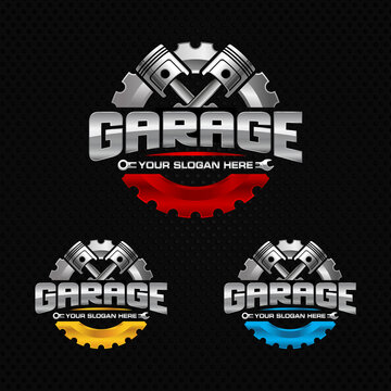 Automotive garage logo. Emblem with Gear and Piston element. Perfect logo for automotive company.