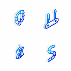 Set Isometric line Swiss army knife, Inflatable boat, Fishing net with fish and Worm icon. Vector