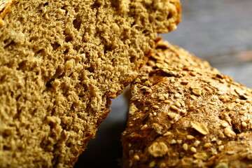 Macro, close up detailed image of multigrain crusted  brown bread loaf.