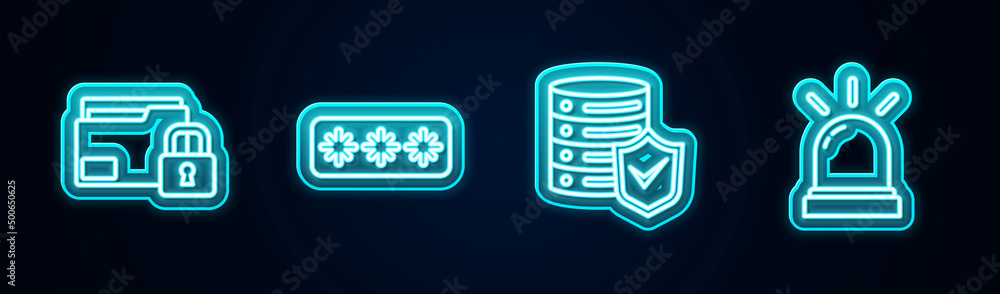 Poster set line folder and lock, password protection, server with shield and motion sensor. glowing neon ic