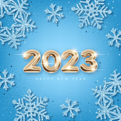 2023 New Year card template with decorative snowflake and glittering 3d numbers on blue background
