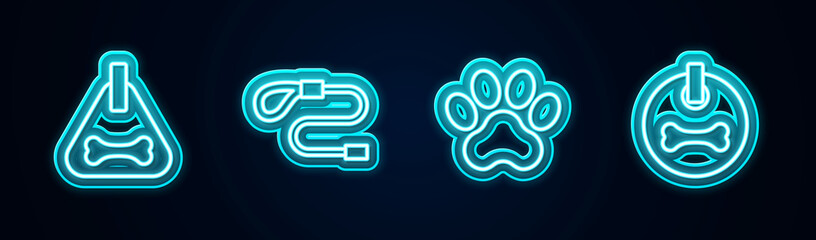 Set line Dog collar, Retractable cord leash, Paw print and . Glowing neon icon. Vector