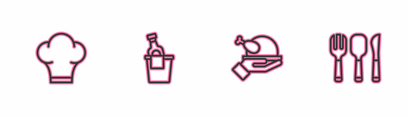 Set line Chef hat, Roasted turkey or chicken, Champagne in an ice bucket and Fork, spoon and knife icon. Vector