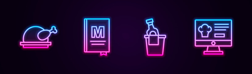 Set line Roasted turkey or chicken, Restaurant cafe menu, Champagne in ice bucket and Online ordering and delivery. Glowing neon icon. Vector
