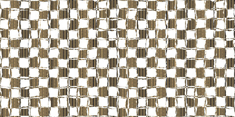 Seamless kintsugi patchwork checkers geometric egyptian tribal motif in gold black and white. Tileable vintage bohemian squares collage surface pattern textile design. A high resolution 3D rendering.