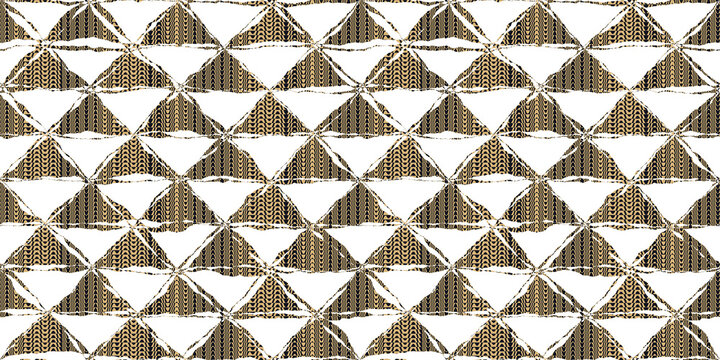 Seamless kintsugi patchwork triangle geometric egyptian tribal motif in gold black and white. Tileable vintage bohemian collage surface pattern textile design. A high resolution 3D rendering.