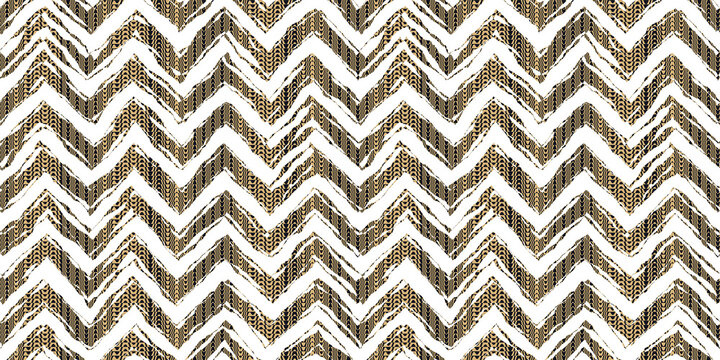 Seamless kintsugi patchwork chevron geometric tribal motif in gold black and white. Tileable vintage bohemian herringbone collage surface pattern textile design. A high resolution 3D rendering.