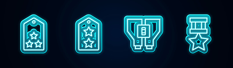 Set line Military rank, , Binoculars and reward medal. Glowing neon icon. Vector