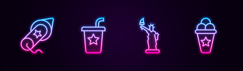 Set line Firework, Paper glass with straw, Statue of Liberty and Ice cream in waffle cone. Glowing neon icon. Vector