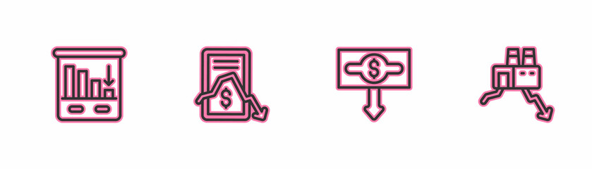 Set line Pie chart infographic, Dollar rate decrease, Mobile stock trading and Shutdown of factory icon. Vector
