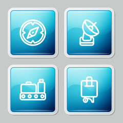 Set line Compass, Radar, Conveyor belt with suitcase and Suitcase icon. Vector