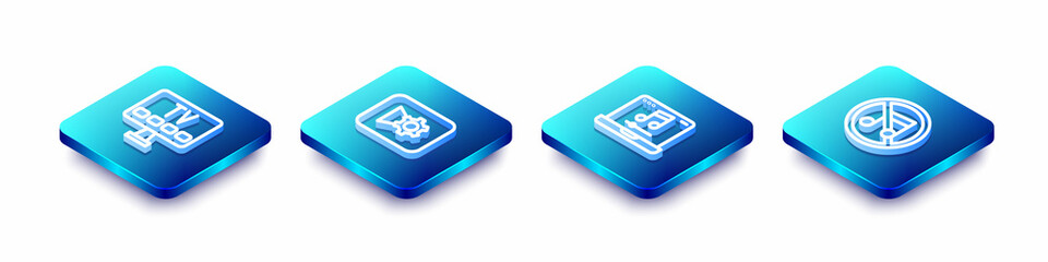 Set Isometric line Smart Tv, Music or video settings, Laptop with music and Speaker mute icon. Vector