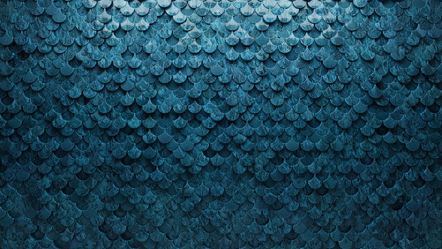 3D Tiles arranged to create a Glazed wall. Textured, Fish Scale Background formed from Blue Patina blocks. 3D Render
