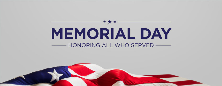 American Flag Banner with Memorial Day Caption on White. Premium Holiday Background.