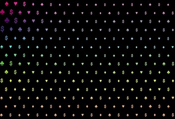 Dark multicolor, rainbow vector cover with symbols of gamble.