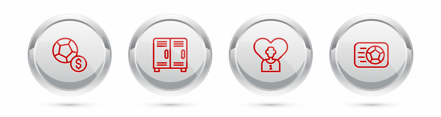 Set line Soccer football ball, Locker or changing room, Football soccer player and . Silver circle button. Vector