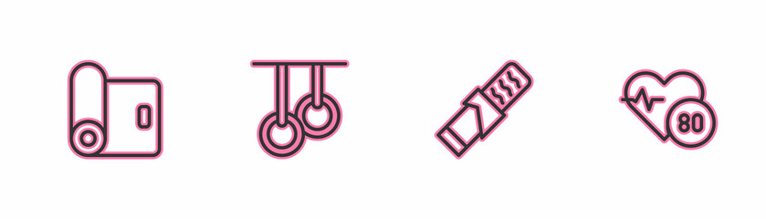 Set line Fitness mat roll, Protein sport bar, Gymnastic rings and Heart rate icon. Vector