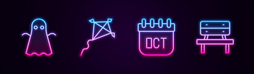 Set line Ghost, Kite, October calendar autumn and Bench. Glowing neon icon. Vector