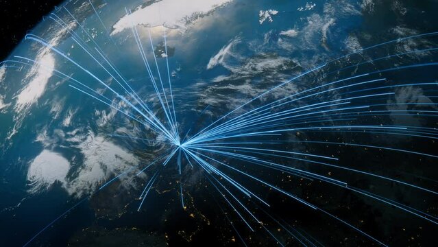 Earth in Space. Blue Lines connect Dusseldorf, Germany with Cities across the World. Global Travel or Business Concept.