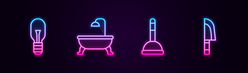Set line Light bulb, Bathtub, Rubber plunger and Knife. Glowing neon icon. Vector