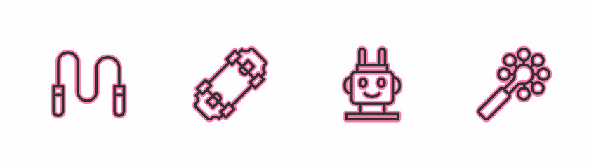 Set line Jump rope, Robot toy, Skateboard and Rattle baby icon. Vector