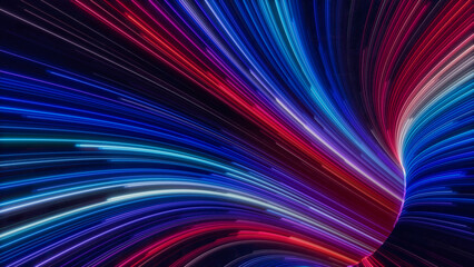 Wavy Neon Lights Tunnel with Blue, Red and Purple Streaks. 3D Render.