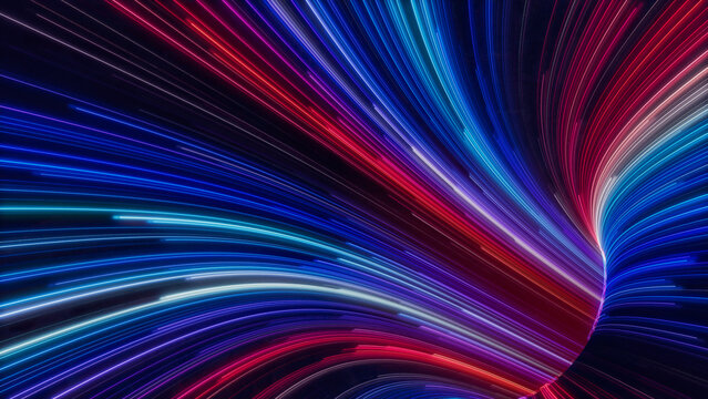 Wavy Neon Lights Tunnel With Blue, Red And Purple Streaks. 3D Render.