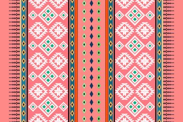 Ethnic boho pattern with geometric in bright colors. Design for carpet, wallpaper, clothing, wrapping, batik, fabric, Vector illustration embroidery style in Ethnic themes. 