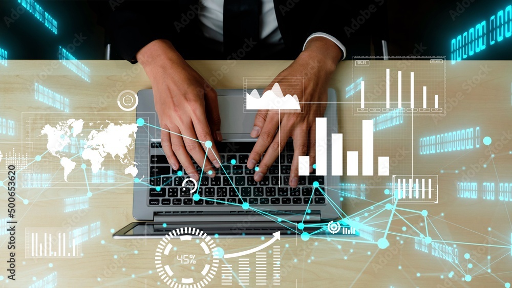 Poster conceptual business dashboard for financial data analysis . 3d render computer graphic .
