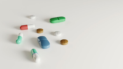 various pills with white background, 3d rendering