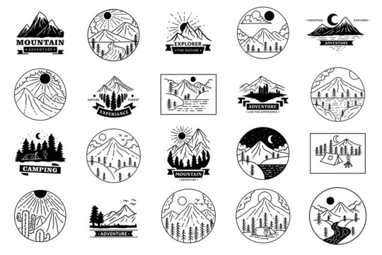 Set Mega Huge Bundle Collection Adventure Badges logo Camping mountain explorer Hand drawn expeditions outdoor