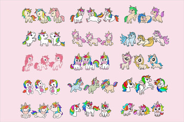 Fototapeta na wymiar Set Mega Collection Bundle of Cute Colorful Unicorn magic Horse doodle Cartoon Animal Pet Character Happy collection illustration