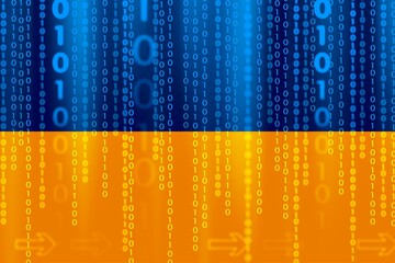 Binary code pattern on colors of flag of Ukraine background computer cyber technology concept.