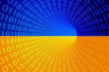 Binary code pattern on colors of flag of Ukraine background computer cyber technology concept.