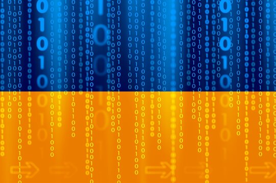 Binary code pattern on colors of flag of Ukraine background computer cyber technology concept.