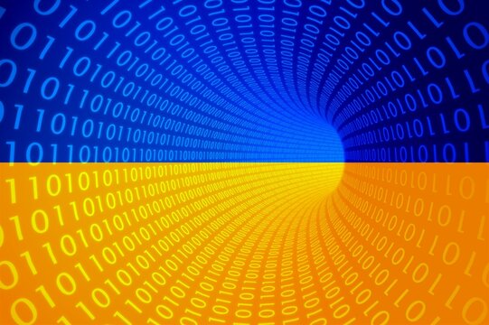 Binary code pattern on colors of flag of Ukraine background computer cyber technology concept. - Powered by Adobe