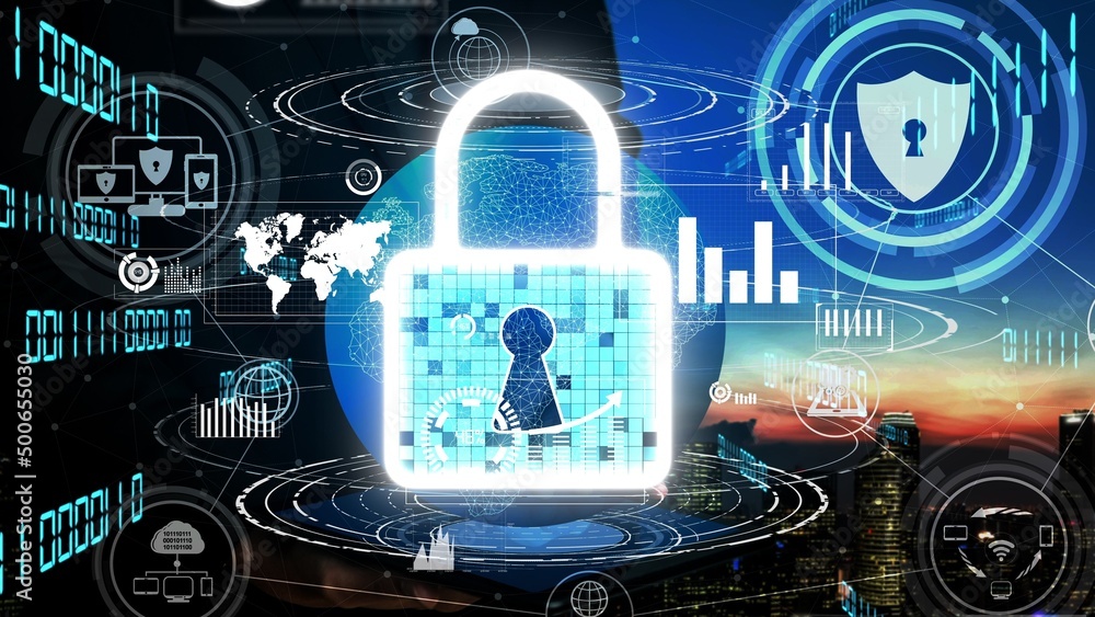Poster cyber security encryption technology to protect data privacy conceptual . 3d render computer graphic