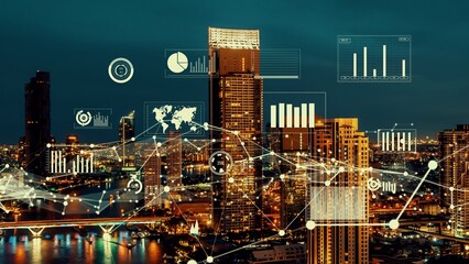 Business data analytic interface fly over smart city showing alteration future of business intelligence. Computer software and artificial intelligence are used to analyze big data for strategic plan .