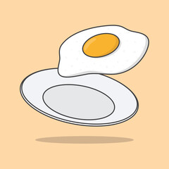 Fried Egg On A Plate Cartoon Vector Illustration. Fried Egg Flat Icon Outline