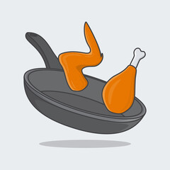 Chicken On Frying Pan Cartoon Vector Illustration. Frying Pan With Chicken Flat Icon Outline