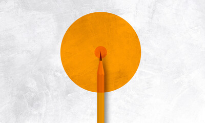 Minimalist Creative Concept of pencil on center Position of Orange Circle. Paper texture Minimal Ideas