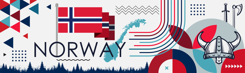 Norway national day banner design. Norwegian flag and map theme with Oslo Viking helmet background. Abstract geometric retro shapes of red and blue color. Norway Scandinavian Vector illustration. 