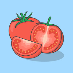 Red Tomatoes Cartoon Vector Illustration. Slice And Whole Of Tomato Flat Icon Outline
