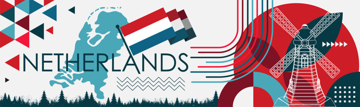 Netherlands national day banner design. Dutch flag and map theme with Amsterdam landmark background. Abstract geometric retro shapes of red and blue color. Holland Vector illustration. 