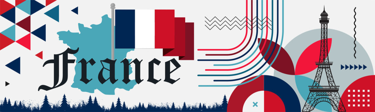 France National Day Banner Design. French Flag And Map Theme With Paris Eiffel Tower Background. Abstract Geometric Retro Shapes Of Red And Blue Color. La France Presidential Elections. Travel Vector