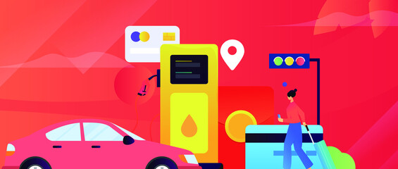 Refueling car with credit card vector creative concept illustration
