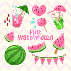 A colorful vector illustration of a fresh watermelon whole and slice