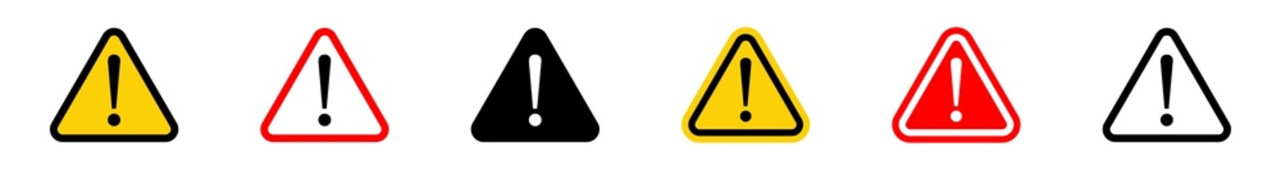 Exclamation mark on triangle sign. Warning icon set. Hazard warning attention sign. Isolated attention symbols on white background. Vector illustration.	