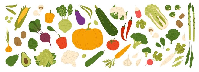 Isolated raw vegetables, food and vegetarian veggies vector icons. Carrot, cucumber and organic onion or eggplant, vegan veggies and farm vegetables of tomato, green cabbage and pepper with radish