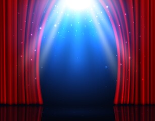 Realistic red curtains on stage, circus or theater and cinema show vector background. Concert stage with spotlight lights and open red velvet curtains, opera or magic theater scene with drapes